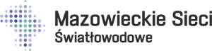 Logo Mazowieckich Sieci Światłowodowych, które składa się z:grafiki (wielu niebieskich kropek tworzących nieregularny kształt) oraz napisów czarną czcionką: w pierwszym rzędzie - Mazowieckie Sieci, w drugim – Światłowodowe.