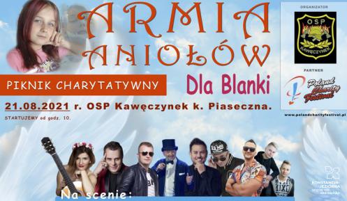 Plakat promujący piknik charytatywny. Zdjęcie uśmiechniętej dziewczynki, nad którą jest napis: Armia Aniołów dla Blanki. Na plakacie podane są także szczegółowe informacje o wydarzeniu, których treść znajduje się również w artykule. 