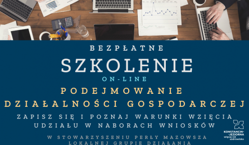 Plakat z napisami  promującymi  akcję, na ciemnym tle pośrodku jasny napis Bezpłatne szkolenie online Podejmowanie działalności gospodarczej. Na dole napis termin: 17 listopada 2021, środa, godzina 17.