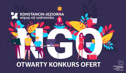 Grafika wektorowa. Ikony osób stojących wokół napisu NGO. Poniżej tekst: Otwarty konkurs ofert.