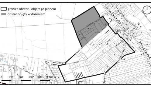 Fragment mapy miejscowości Słomczyn. Czarną grubą linią, w kształcie wieloboku, zaznaczono granice obszaru objętego miejscowym planem zagospodarowania przestrzennego.