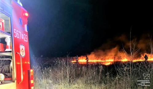 Jeden strażak ubrany w strój bojowy dogasza pożar traw i łąk. 