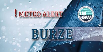 Na górze czerwony napis meteo alert poprzedzony wykrzyknikiem. Obok niego logo Instytutu Meteorologii i Gospodarki Wodnej - niebieski okrąg z białymi literami IMGW, poniżej niebieski napis burze. W tle fragment granatowego parasola oraz krople deszczu.