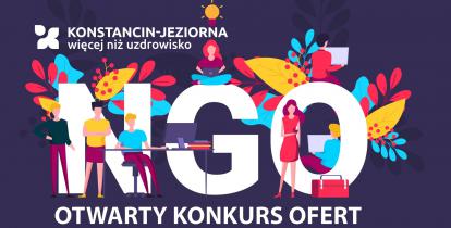 Grafika wektorowa. Ikony osób stojących wokół napisu NGO. Poniżej tekst: Otwarty konkurs ofert.