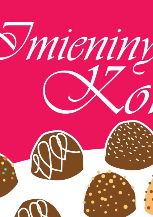 Grafika wektorowa. Na Białym stole leżą babeczki, nad stołem napis „Imieniny Konstancji”  na różowym tle.